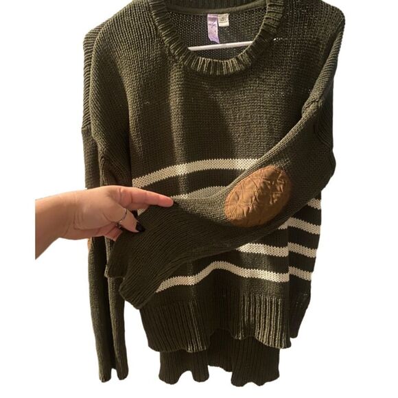Alya Womens Hunter Green Knit Sweater with Cream Stripes, Leather Elbow … - Picture 4 of 10